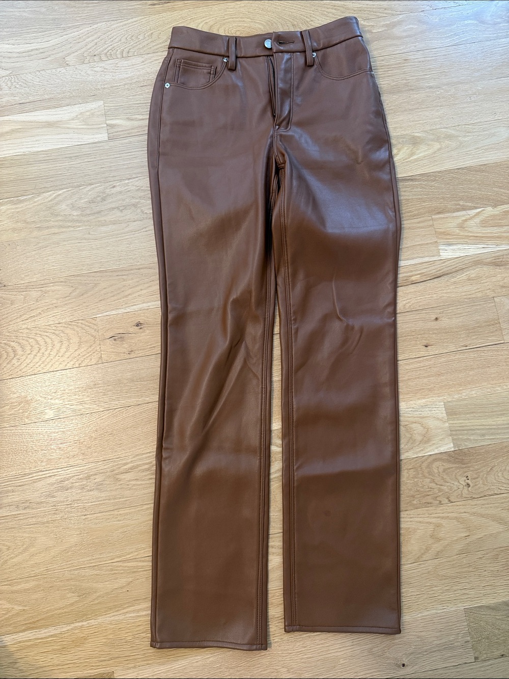 Good American Faux Leather Pants Camel Brown Straight Leg Size 27